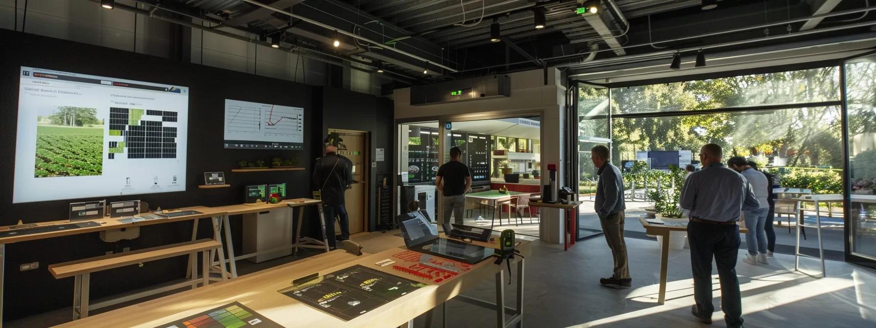 a modern agricultural innovation hub bustling with activity, showcasing sleek digital displays of solar forecasting technology while farmers and agronomists engage in collaborative discussions, surrounded by intelligent farming tools and data screens.